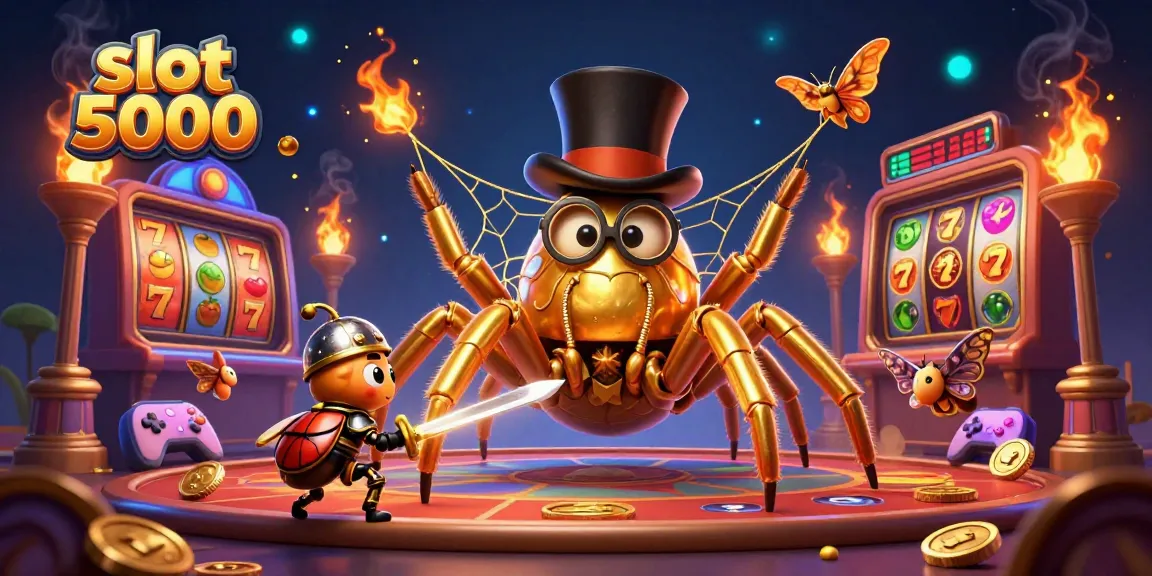 Experience excitement with slot 5000, featuring a golden tarantula and beetle knight in a rich casino scene.