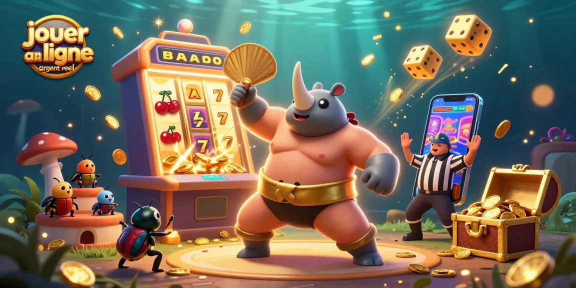 Jouer au casino en ligne argent réel avec un scarabée rhinocéros cartoonesque champion sumo, une machine à sous et des pièces d'or volantes.
