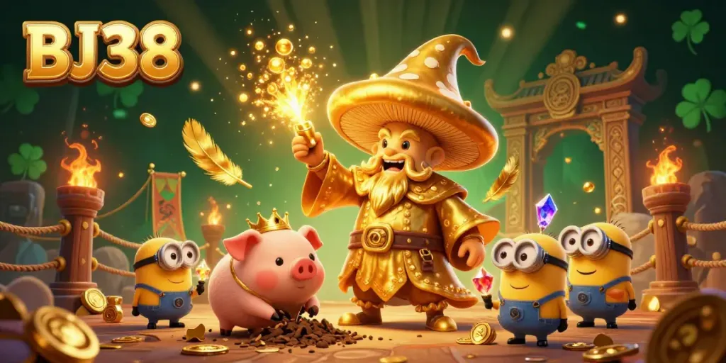 BJ38 players engage in vibrant casino action with a golden wizard transforming the scene into treasure.