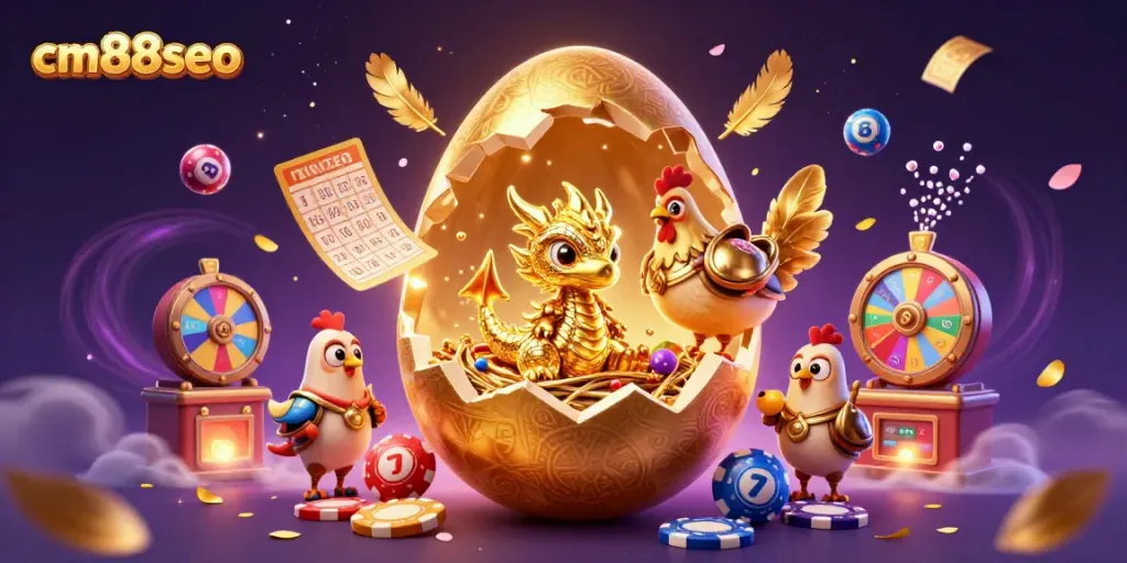 Win big with cm88seo as the golden dragon guards poker chips amidst lottery excitement.
