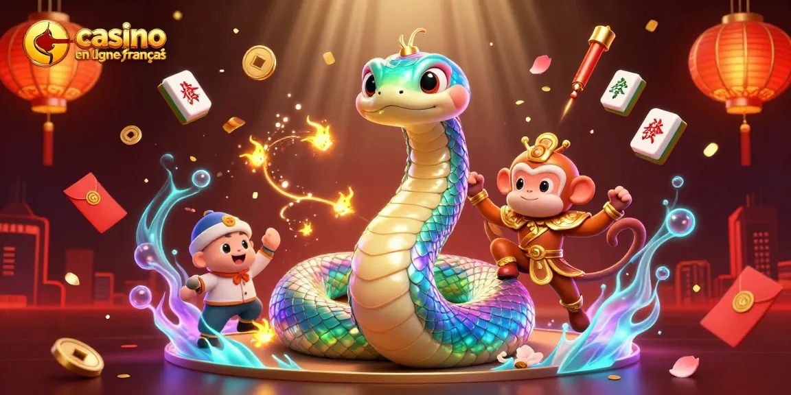 Illustration dynamique de casino en ligne français avec des personnages colorés et des éléments festifs.