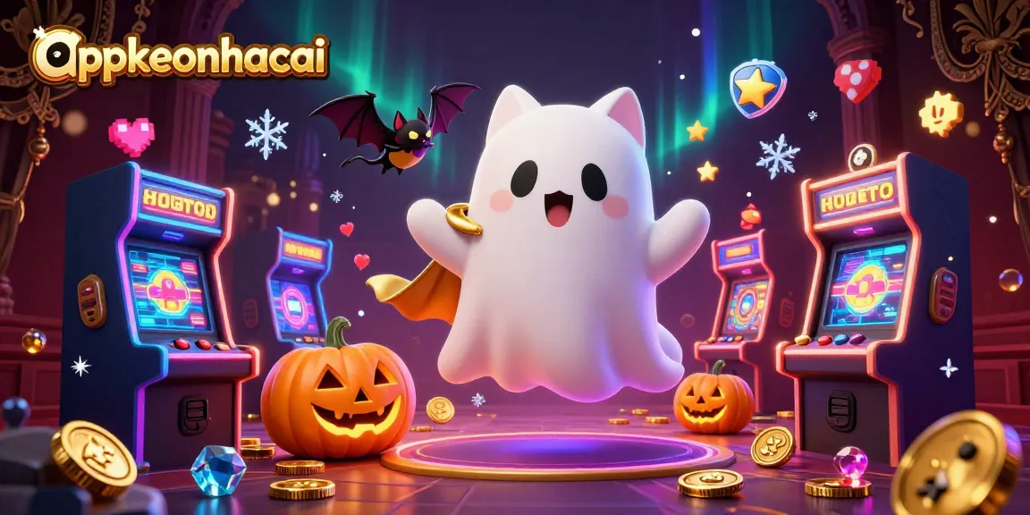 Experience the thrill of appkeonhacai with a friendly ghost cat and vampire bat in a haunted casino.