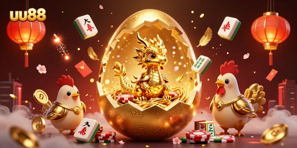 Experience the thrill of uu88 with a golden dragon and poker chips in this vibrant casino illustration.