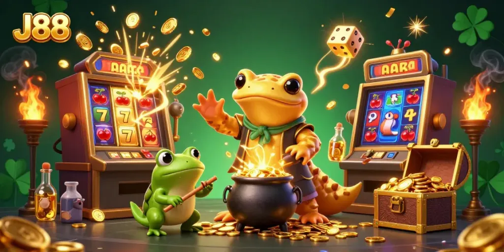 Experience the magic of J88 with a golden salamander alchemist in a bustling casino.