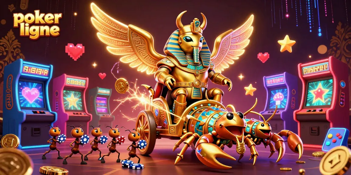 Jouez au poker en ligne avec un scarabée doré et des scorpions dans une illustration dynamique.