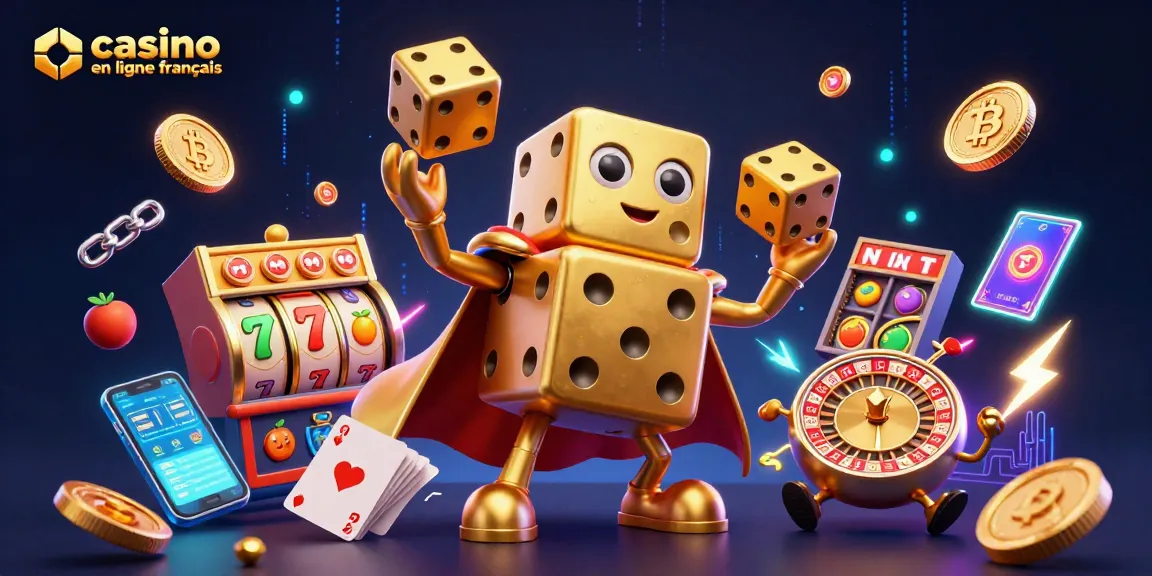 Jouez au casino en ligne français avec un golem de dés dorés, des symboles de jackpot et des pièces de crypto-monnaie.