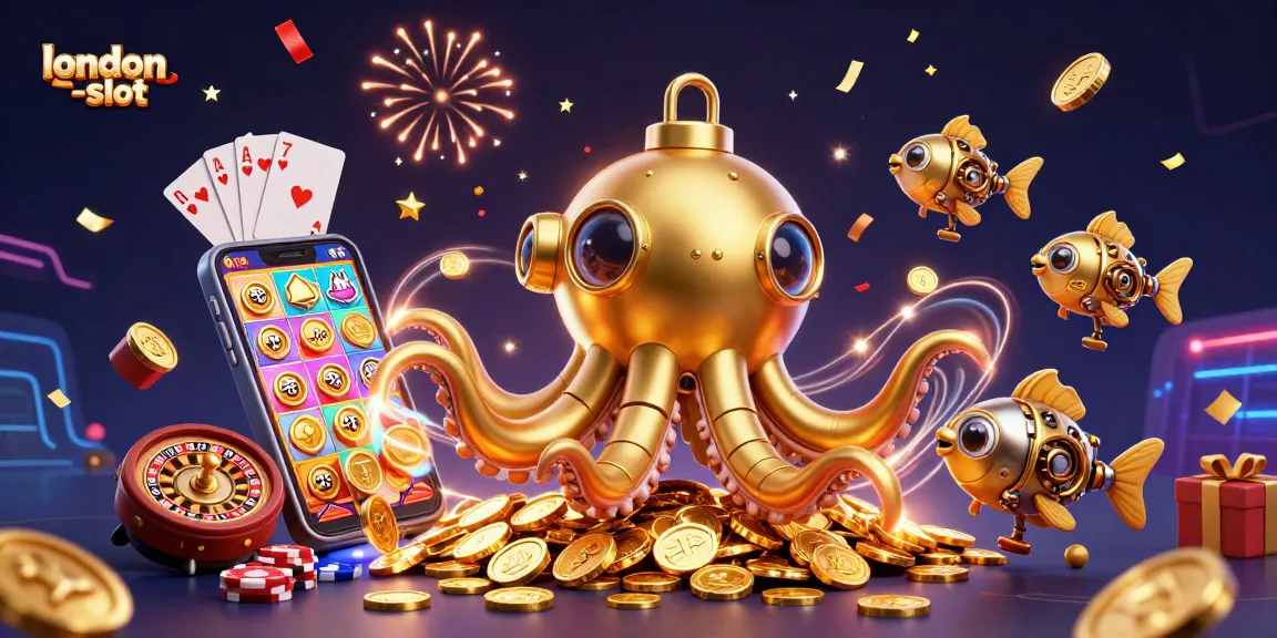 Engage with london-slot as a golden kraken submarine emerges amidst a sea of coins and slot game excitement.