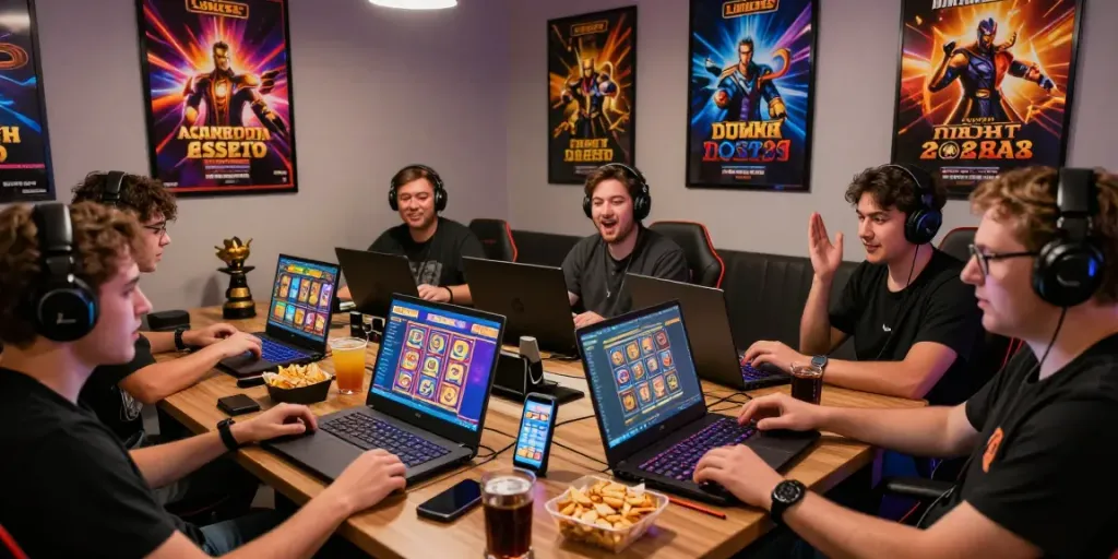 Excited players enjoying luxury333 slot games with vibrant screens and modern decor.