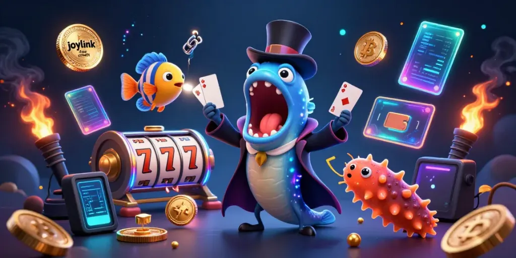 Engage with joylink free credit in a magical casino scene featuring vibrant 3D characters and elements.