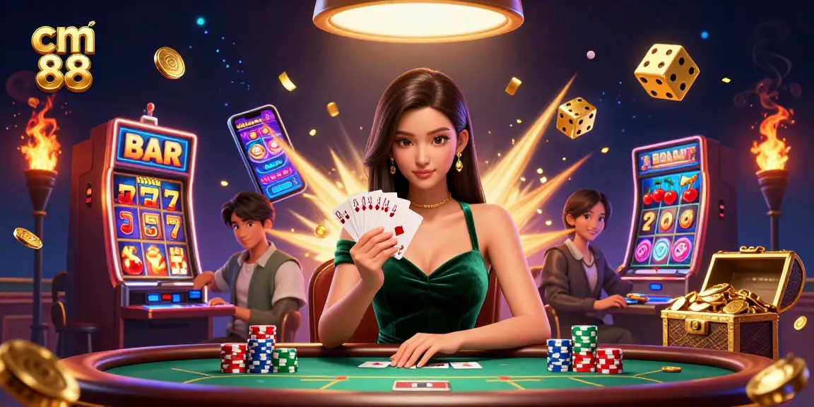 Experience thrilling wins at cm 88 with a beautiful Asian woman playing poker at a luxury casino table.