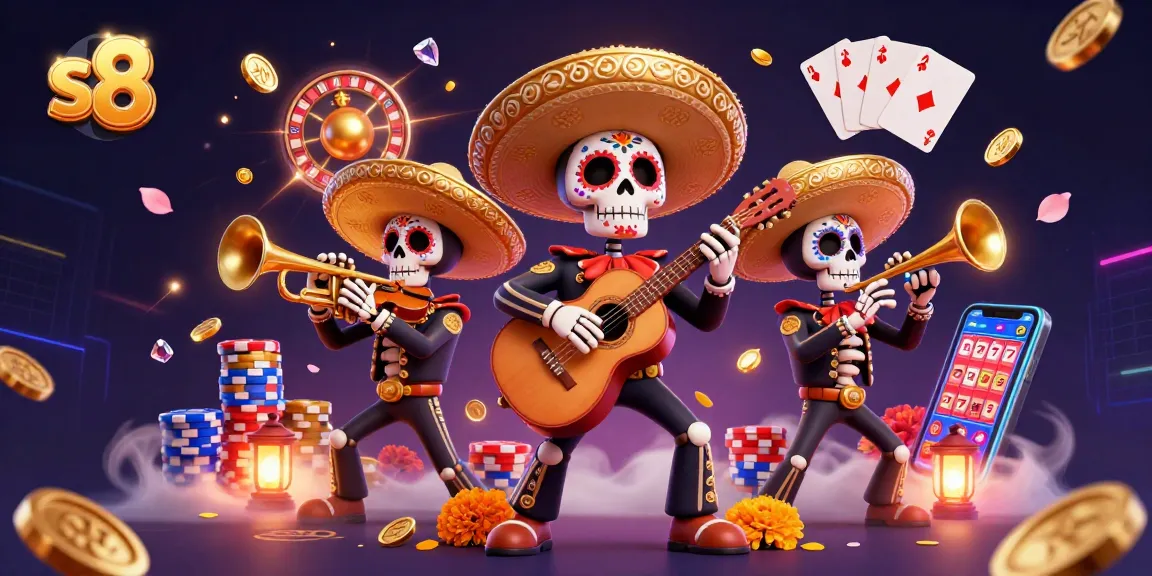 S8 enhances your gaming experience with vibrant visuals of a mariachi band amid cascading coins and gems.