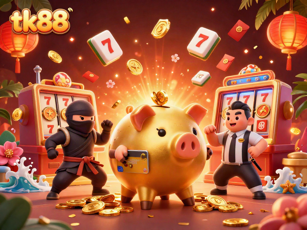Engaging scene depicting tk88 with a sumo wrestler piggy bank and a wallet ninja amidst dynamic casino symbols and festive decorations.