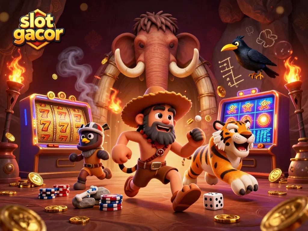 Experience the thrill of slot gacor action in a prehistoric casino with animated characters and vibrant game elements.
