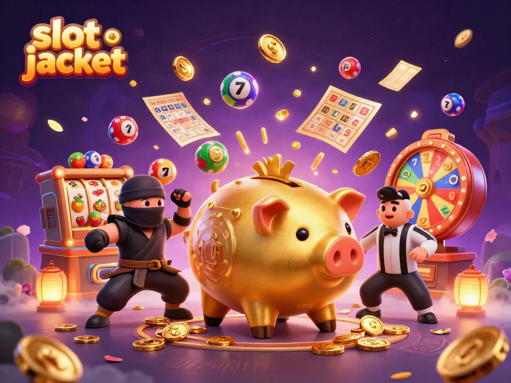 Experience thrilling slot jackpots with a vibrant scene featuring a golden piggy bank warrior and dynamic game elements.