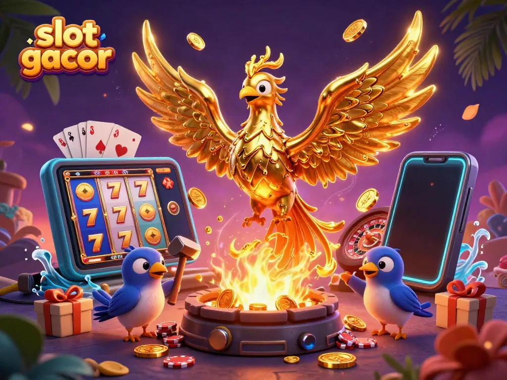 Experience the thrill of winning with slot gacor, where golden coins fly amidst vibrant slot games and energetic characters.