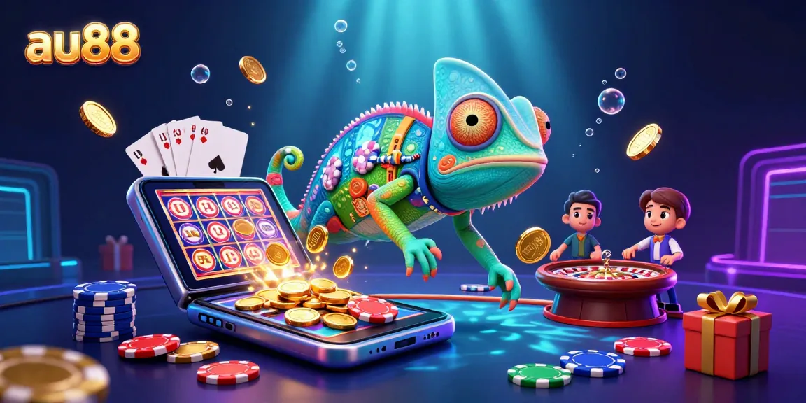 Experience thrilling games at au88 with a vibrant chameleon casino owner amidst gold coins and slot games.
