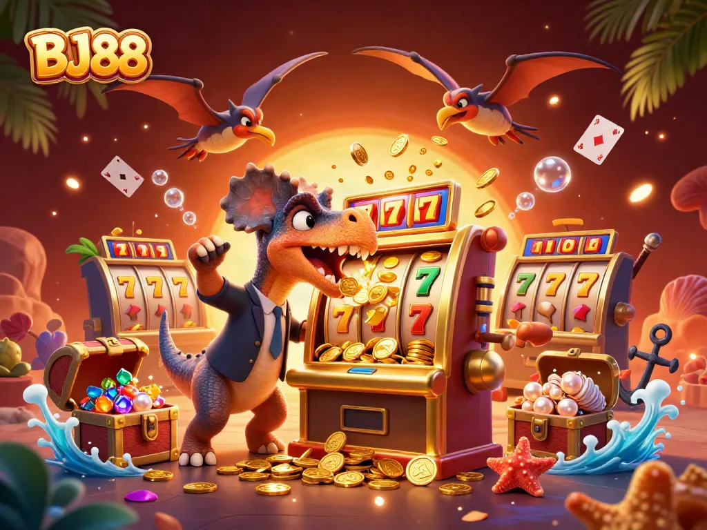 Experience thrilling action at BJ88 with a cartoon pachycephalosaurus winning jackpots and coins!