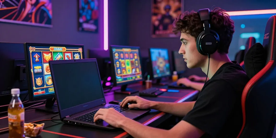 Pemain terlibat dalam permainan slot gacor online, dikelilingi grafis digital berwarna-warni.