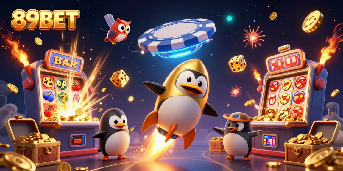 Experience excitement at 89BET with a golden penguin soaring towards a jackpot explosion at a casino.