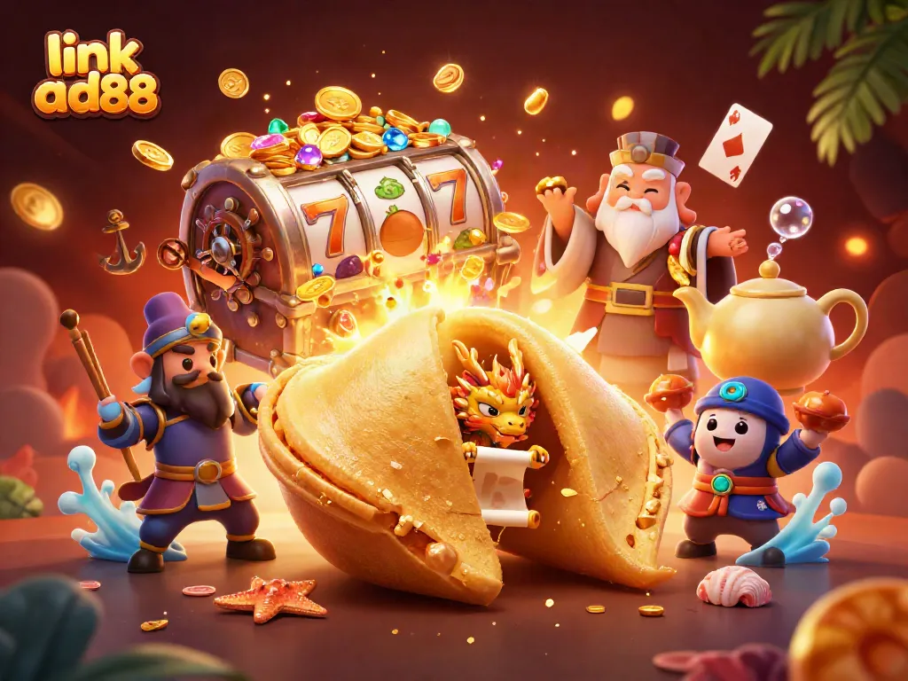 Join the adventure at link ad88 with a vibrant casino scene of fortune cookies and gold!