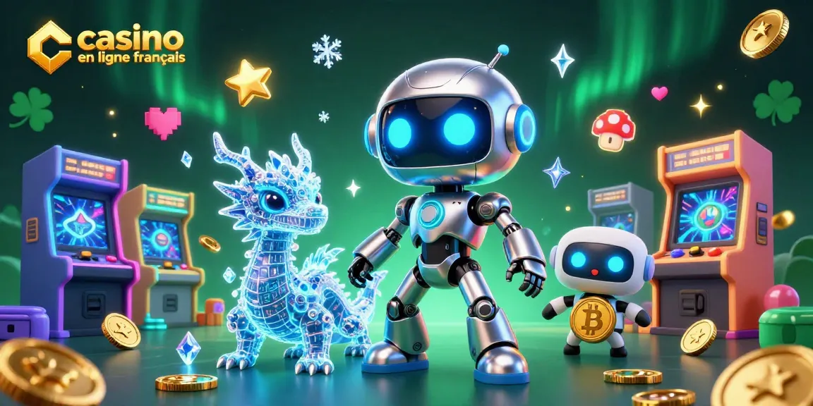 Jouez sur un casino en ligne français avec des robots futuristes et des machines colorées.
