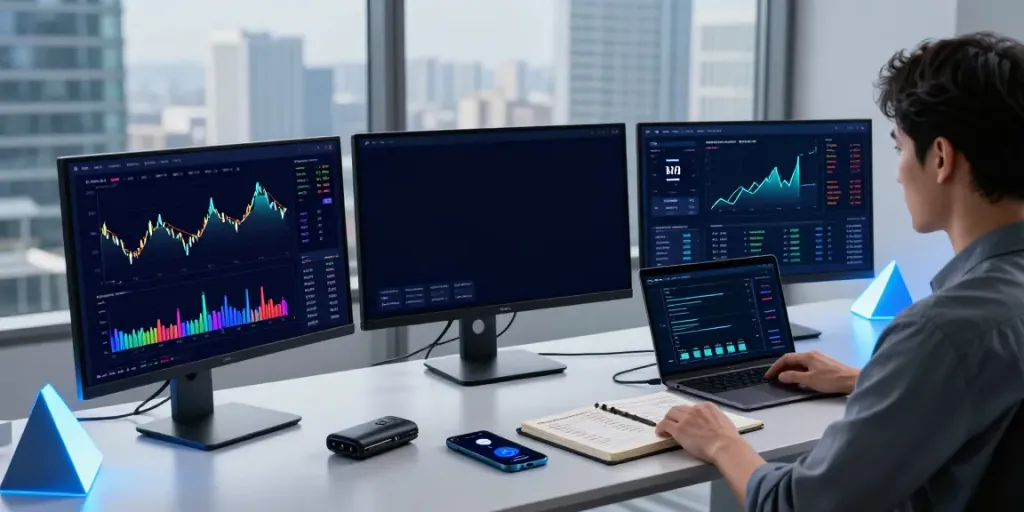 AI trading software interface on cryptocurrency trading workstation with multiple monitors and hardware wallet.