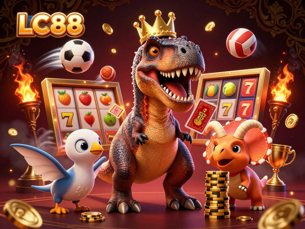 Join the fun at LC88 with a friendly T-Rex shuffling cards in a lively casino scene.