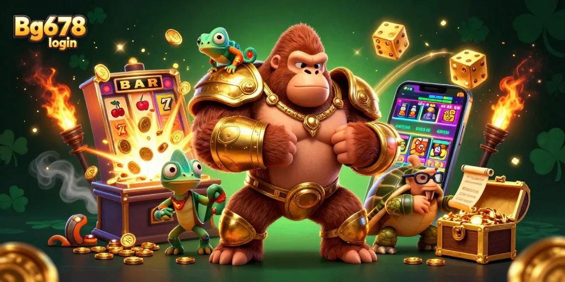 Engage with Bg678 login at an exciting casino, featuring a gorilla, chameleon, and tortoise.