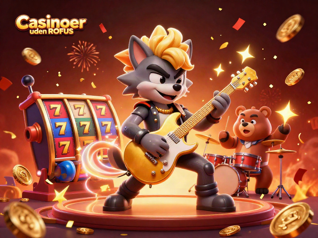 Experience the excitement of casinoer uden ROFUS with a dynamic 3D illustration of vibrant characters and slot machines.