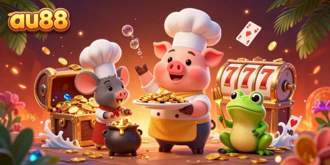 Participate in thrilling gaming with au88, featuring a pig chef and dazzling gold elements.