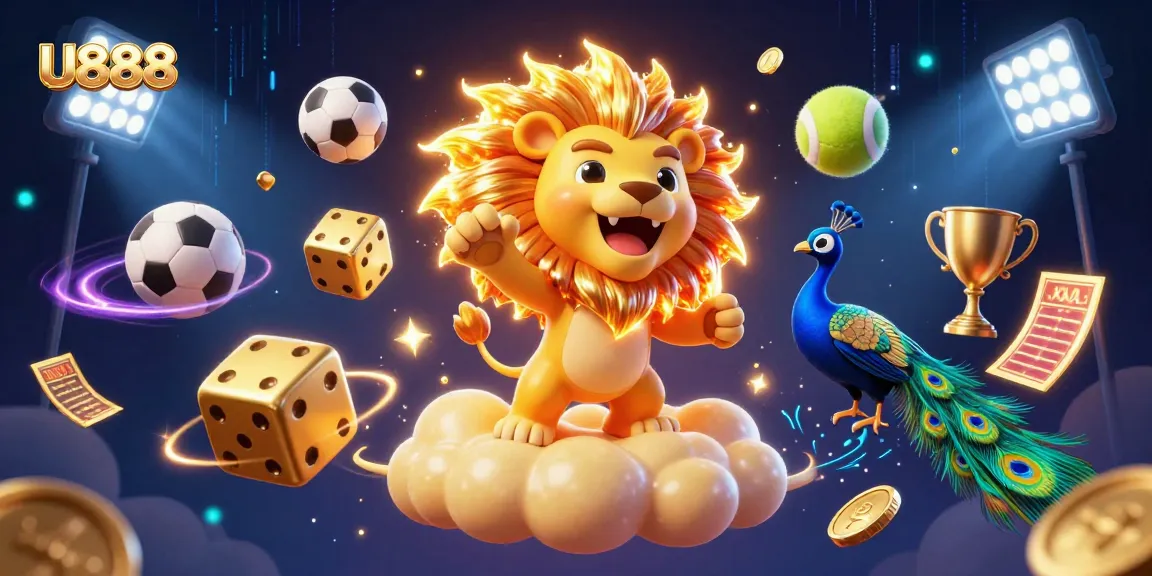 Engage with U888: A vivid sports-themed digital art showing dynamic elements of casino gaming.