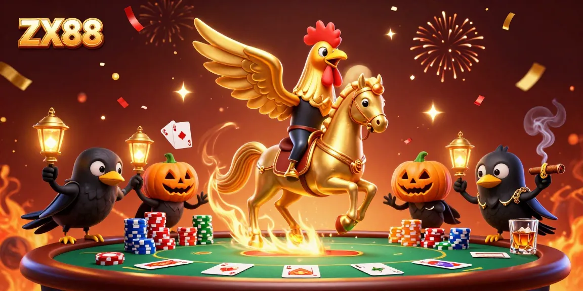 Experience thrilling gameplay at ZX88 with our exciting casino illustration featuring a golden rooster in a vibrant casino.
