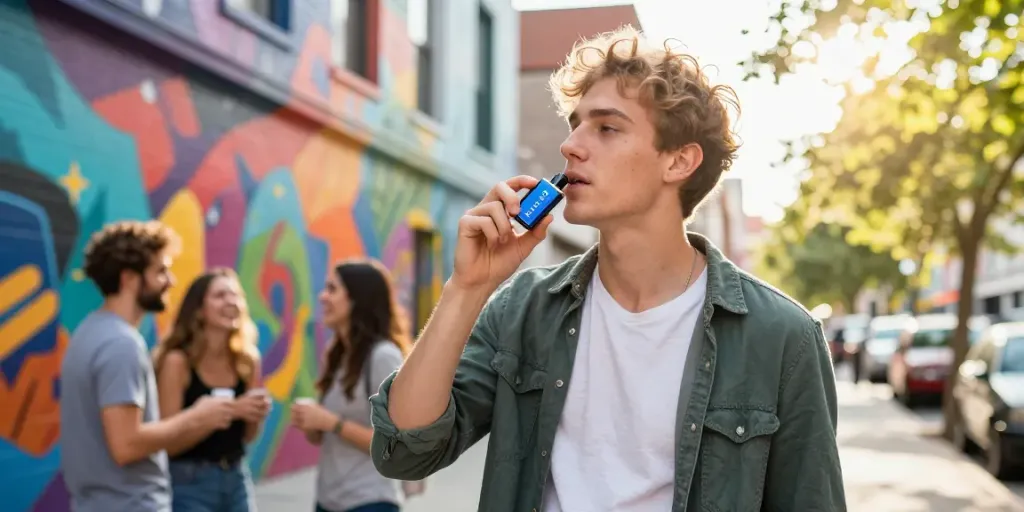 Young adult enjoying a Ryse vape in a lively urban environment.