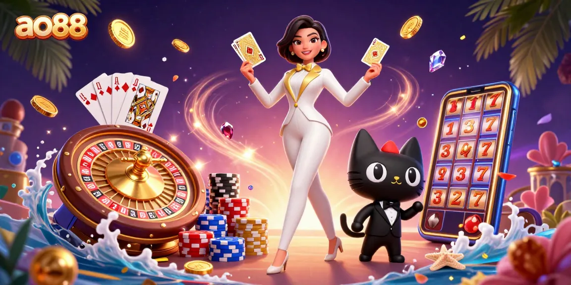 Experience excitement with ao88, showcasing a glamorous scene of casino elements, luck, and strategy.