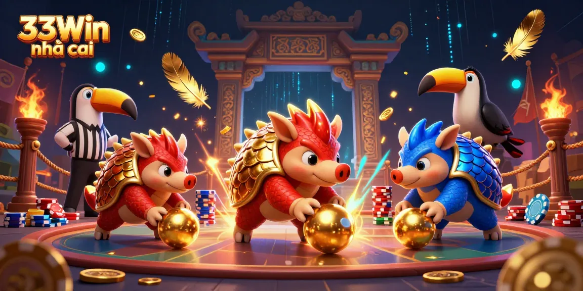 Experience thrilling action at 33Win nhà cái with rival pangolins competing amidst poker chips.