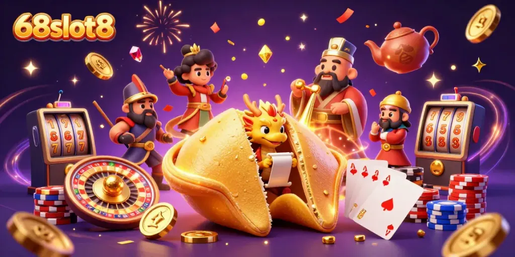 Experience the excitement of 68slot8 with a vibrant, magical casino scene filled with characters and glittering treasure.