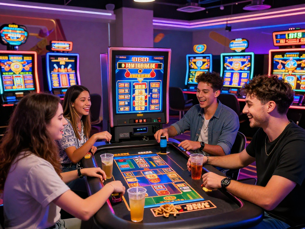 Friends enjoying an engaging slot88 gaming experience in a vibrant casino atmosphere.