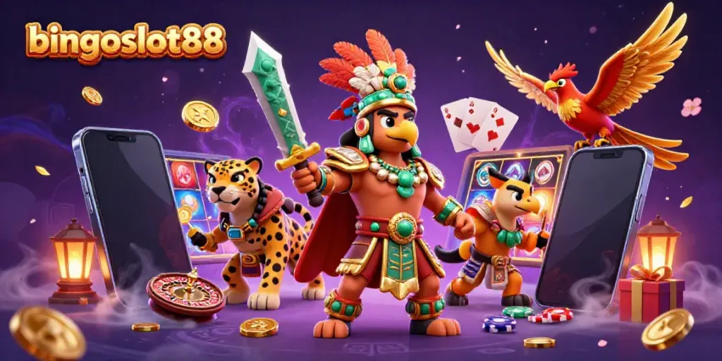 Rasakan sensasi bermain di bingoslot88 dengan ilustrasi kasino yang memikat dan penuh aksi.