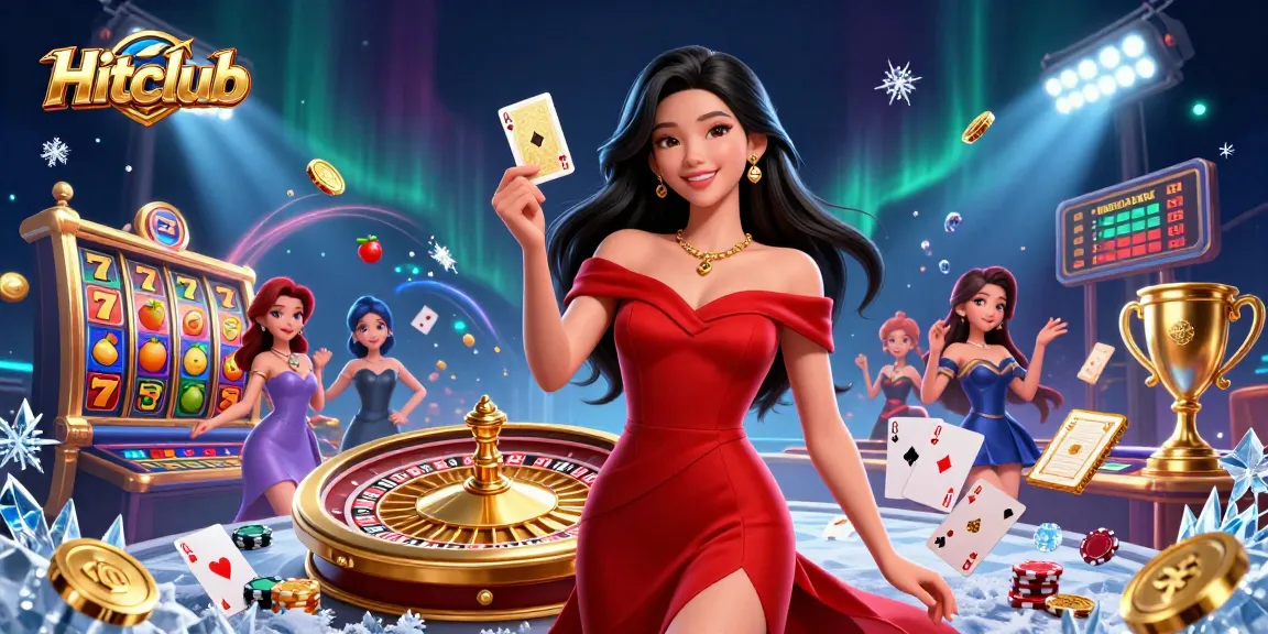 Hitclub's vibrant scene showcasing slot reels, a beautiful dealer, and exciting game elements for players.