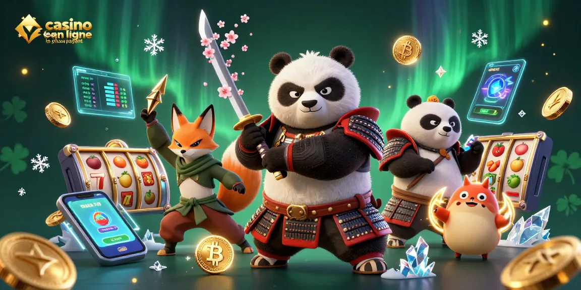 Jouer dans le casino en ligne le plus payant avec une scène dynamique de panda samouraï, renard ninja et tanuki flottant.
