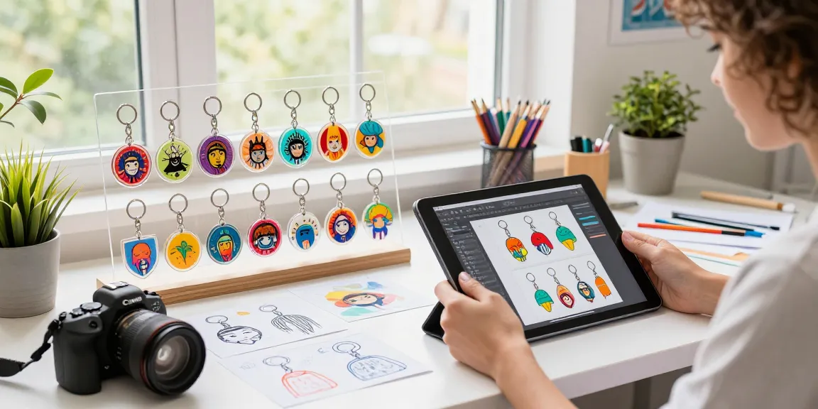 Custom acrylic keychain designs displayed in a vibrant workspace, showcasing creativity and craftsmanship.