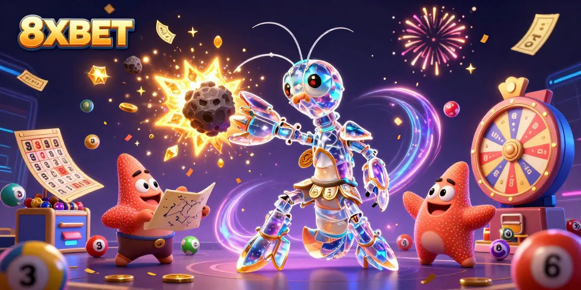Experience thrilling winnings at 8XBET with cartoon characters amidst vibrant lottery elements.