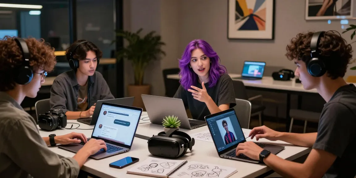 Dynamic scene showcasing young adults engaging with ai chat nsfw technologies in a modern lounge.