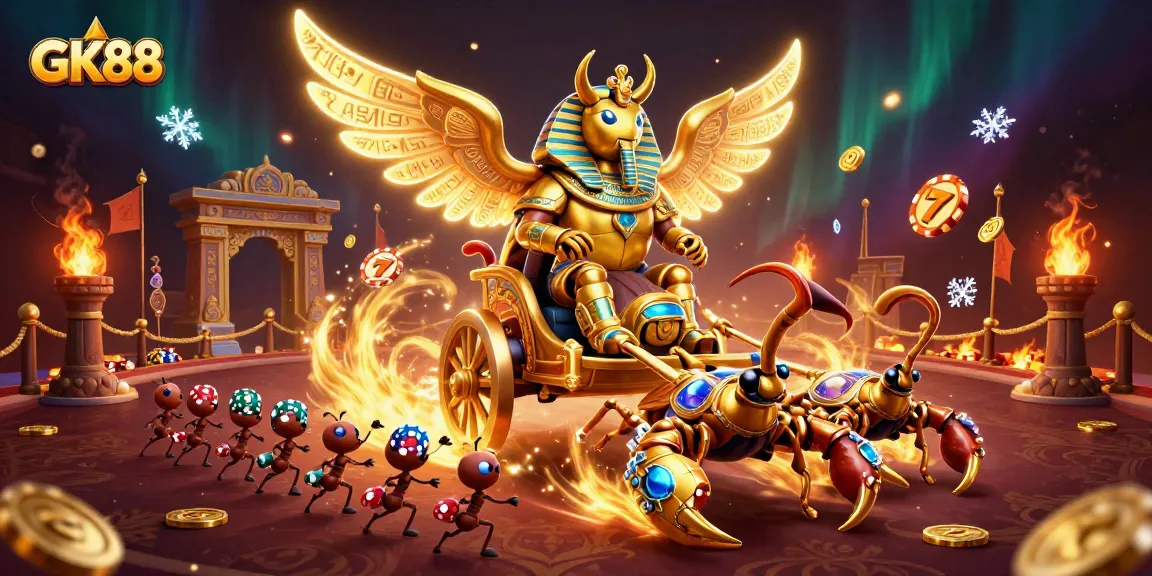 Spin the reels of GK88 with a golden scarab and scorpions in a vibrant casino arena scene.