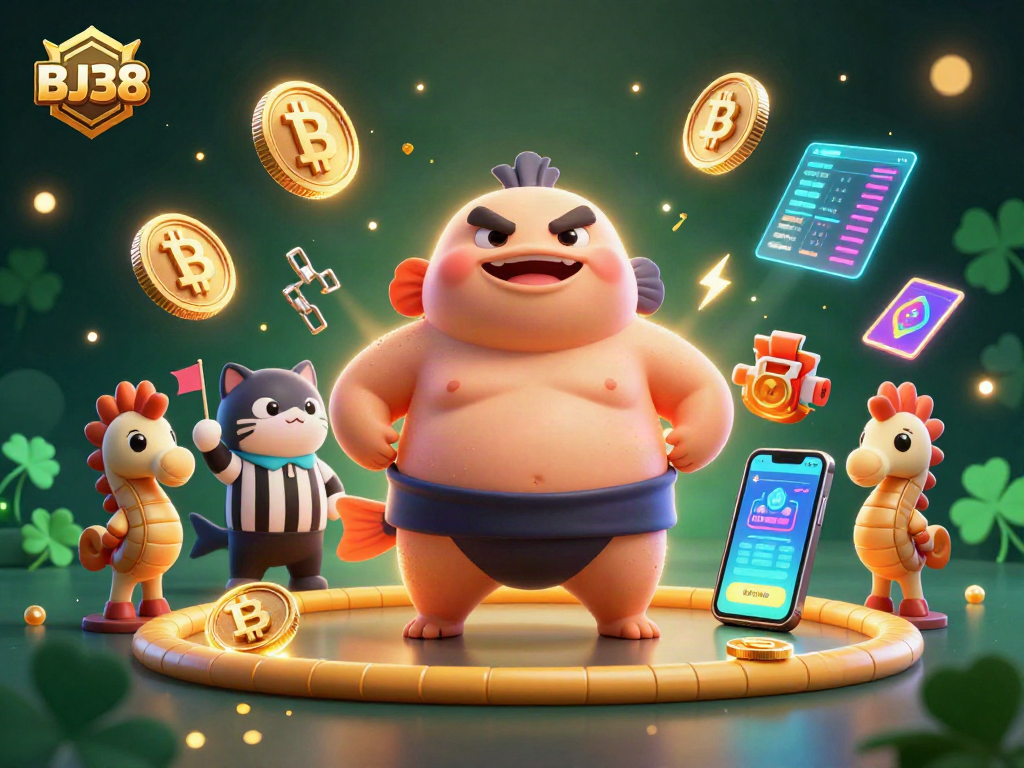 Engage with BJ38's vibrant underwater crypto casino scene featuring fugu, catfish, and seahorses.