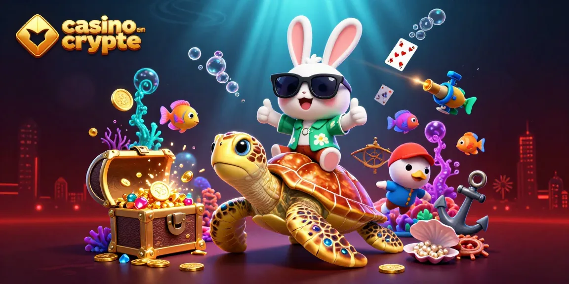 Jouez au casino en ligne crypto avec un adorable lapin chanceux et une tortue géante dans une scène dynamique.
