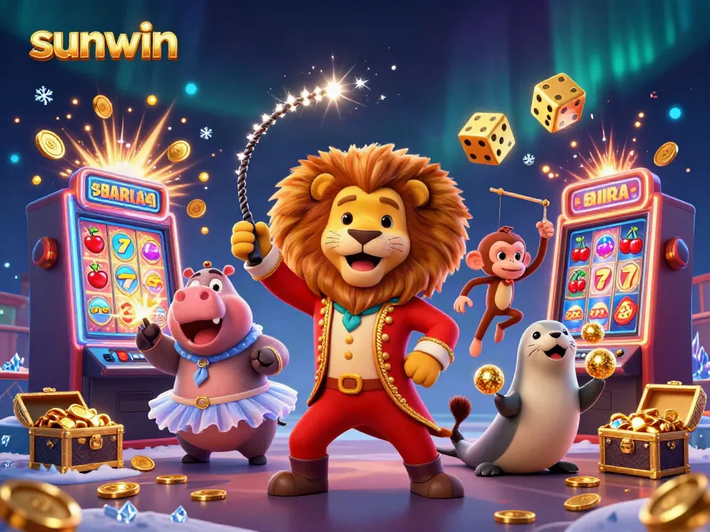 Experience the thrill at sunwin with a festive casino scene featuring vibrant characters and a jackpot explosion.