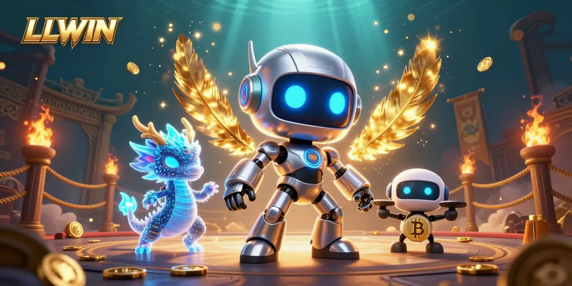 LLWIN offers a vibrant 3D casino experience with a cyberpunk robot and bitcoin drone amidst golden tokens.