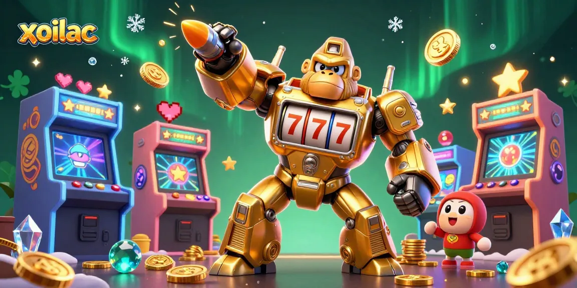 Xoilac offers thrilling gameplay with a transformative golden gorilla mech smashing through coins in a vibrant casino setting.