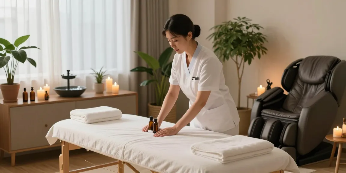 Experience a peaceful 노원출장마사지 in a serene home spa setting with a professional therapist preparing for a calming session.